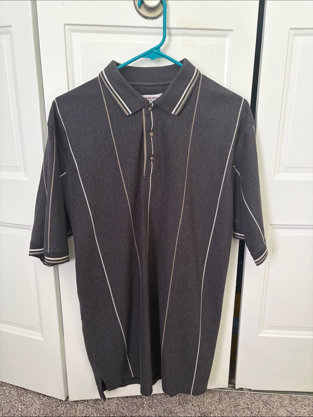 Men's Dark Gray Short-Sleeve Polo with Contrast Vertical Stripes